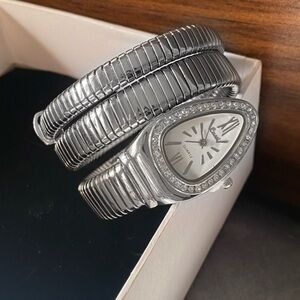 Serpentine Silver Snake Coil Wrap Watch – Crystal-Embellished Statement  Watch